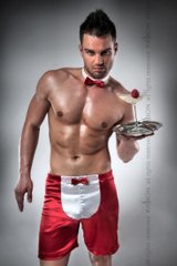 Распродажа!!! Мужской эротический костюм официанта Passion 019 SHORT red L/XL, шорты и бабочка