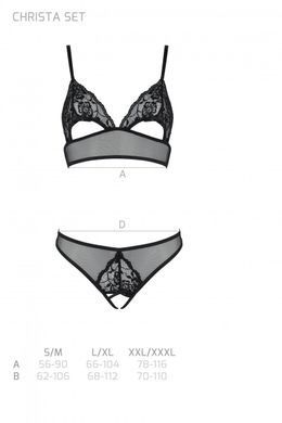 Комплект Passion Christa Set black S/M: браллет с ажурным лифом и открытыми трусиками, Черный