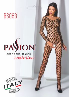 Бодистокинг Passion BS068 black, комбинезон, крупная сетка, длинный рукав