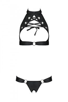 Комплект: открытый топ и трусики из эко-кожи с люверсами Malwia Set with Open Bra black S/M — Passio