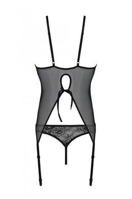 Корсет с пажами, трусики с ажурным декором и открытым шагом Ursula Corset black L/XL &mdash; Passion
