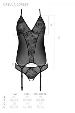 Корсет с пажами, трусики с ажурным декором и открытым шагом Ursula Corset black S/M &mdash; Passion