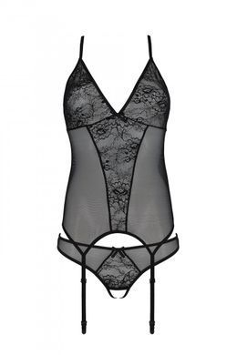 Корсет с пажами, трусики с ажурным декором и открытым шагом Ursula Corset black XXL/XXXL &mdash; Passion