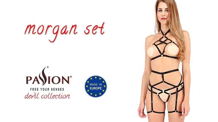 Комплект белья MORGAN SET OpenBra black L/XL - Passion Exclusive: стрэпы: трусики, лиф, пояс