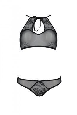 Комплект Passion URSULA SET black XXL/XXXL: бра, трусики с ажурным декором и открытым шагом, Черный