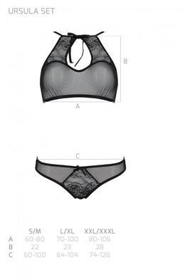 Комплект Passion URSULA SET black XXL/XXXL: бра, трусики с ажурным декором и открытым шагом, Черный
