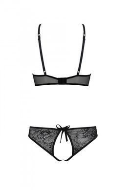 Комплект Passion URSULA SET black XXL/XXXL: бра, трусики с ажурным декором и открытым шагом, Черный